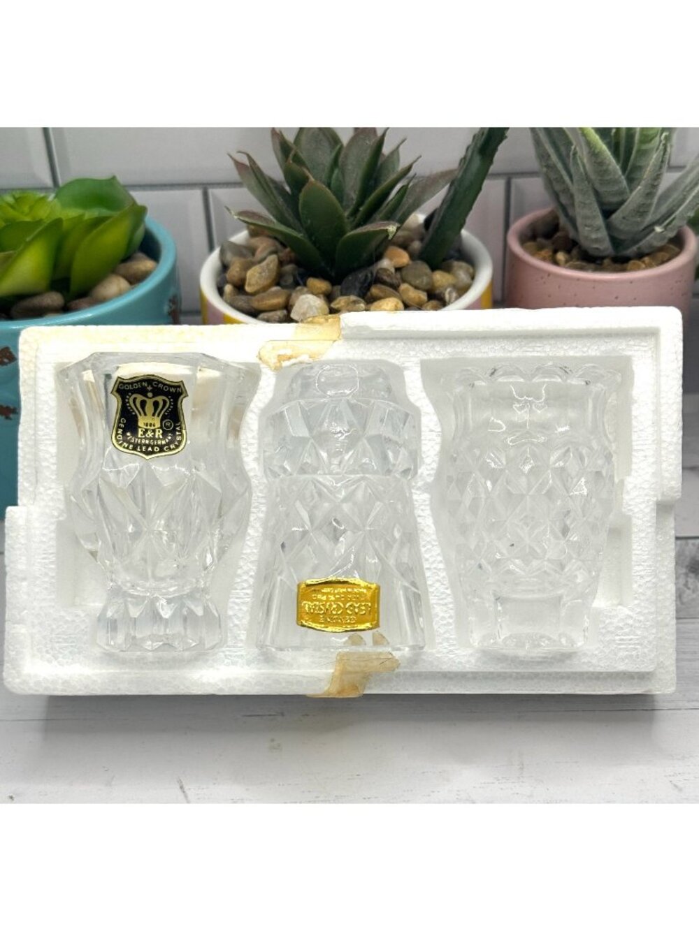 Golden Crown E&R West German Genuine Lead Crystal Toothpick Holders Set Of 3